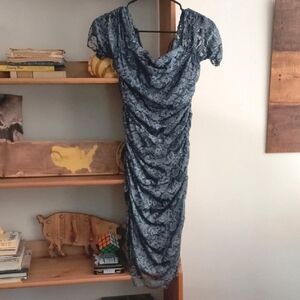 Badgley Mischka Blue and Silver Ruched Midi Dress